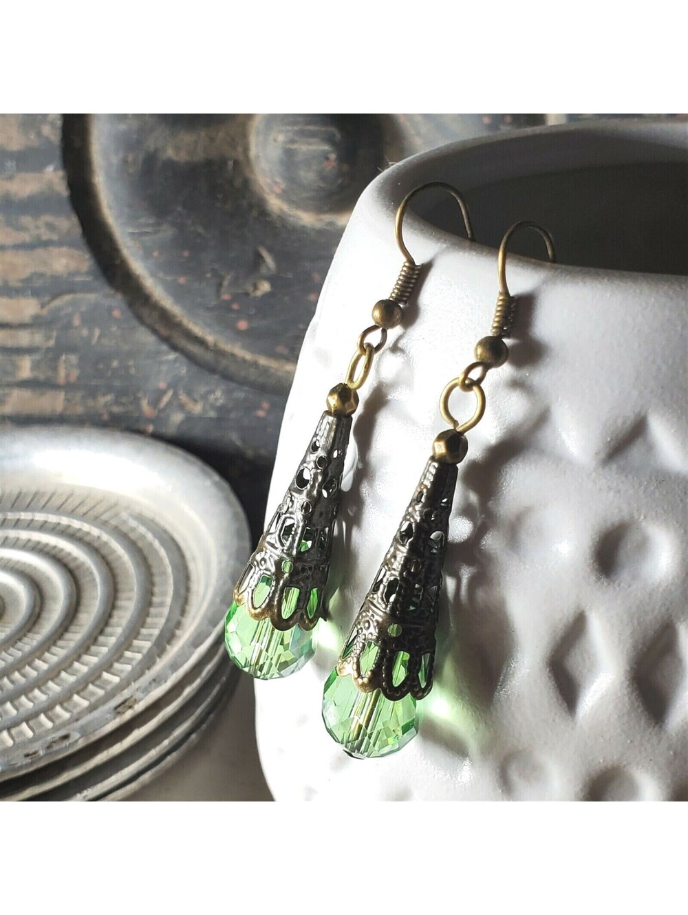Bronze Faceted Crystal Spring Green Antiqued Filigree Teardrop Earrings